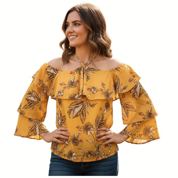 Express Women’s XS Yellow Floral Ruffle Sleeve Halter Cold Shoulder Crop Top Boh - Picture 4 of 13